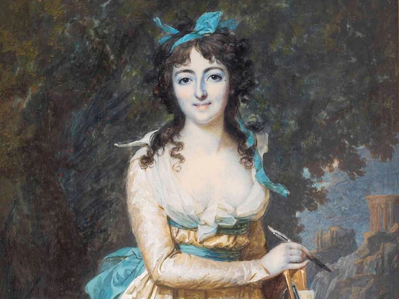 1751-François Dumont - Una giovane donna, in piedi in un paesaggio, tiene un foglio d'artista sotto il braccio sinistro